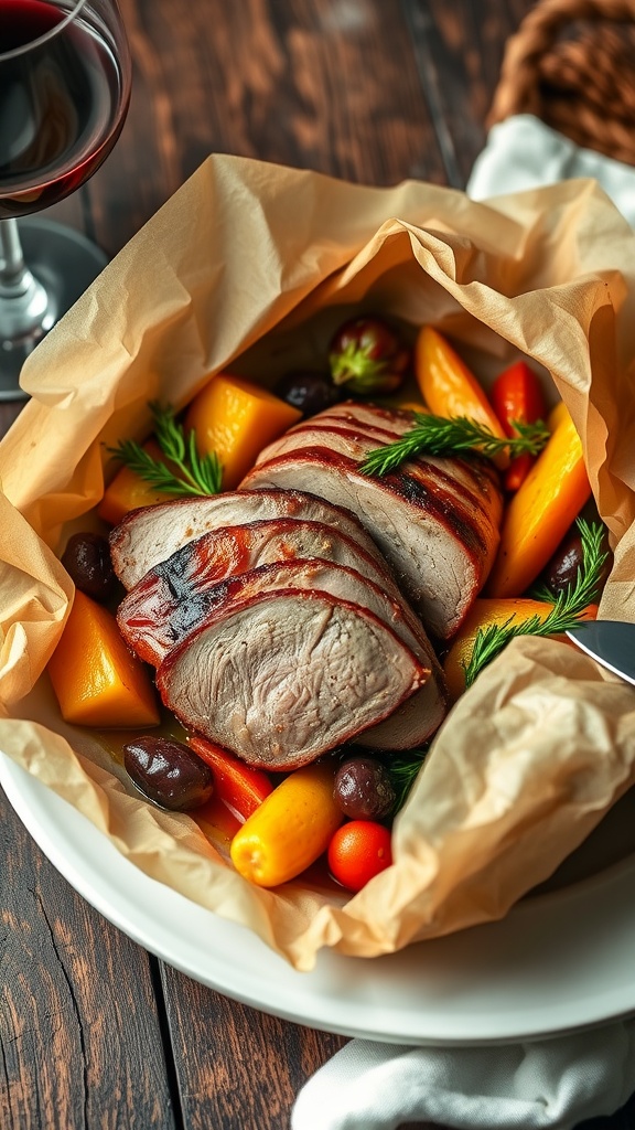 Duck En Papillote with vegetables, wrapped in parchment paper, elegantly presented on a rustic table.